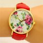 Simple Round Leather Crystal Flower Analog Chinese Elegant Wrist Watch Women 86