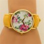 Simple Round Leather Crystal Flower Analog Chinese Elegant Wrist Watch Women 86