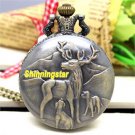 Bronze Reindeer Quartz Big Pocket Watch Necklace Pendant Chain Lady Men Gift P47