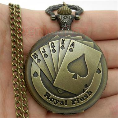 Retro Bronze Royal Flush Poker Pocket Watch Necklace Pendant 86 Chain Gift P80