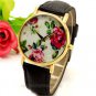 Simple Round Leather Crystal Flower Analog Elegant Wrist Watch Women Gift Q4041