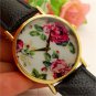 Simple Round Leather Crystal Flower Analog Elegant Wrist Watch Women Gift Q4041