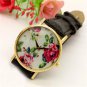 Simple Round Leather Crystal Flower Analog Elegant Wrist Watch Women Gift Q4041