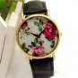 Simple Round Leather Crystal Flower Analog Elegant Wrist Watch Women Gift Q4041