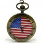 Retro Bronze US Flag Quartz Pocket Watch Necklace Pendant Chain 86 Men Gift P163