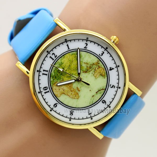 PU Leather Map Round Dial Simple Quartz Watch Gift Men Women Mother's Day Gift