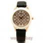 New Lattice Round Dial Black PU Leather Band Quartz Wrist Watch Lady Women Q4081