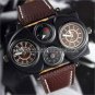 OULM Dual Time Zone Big Dial Quartz Watch Dark Brown Leather Men Sport Q0763