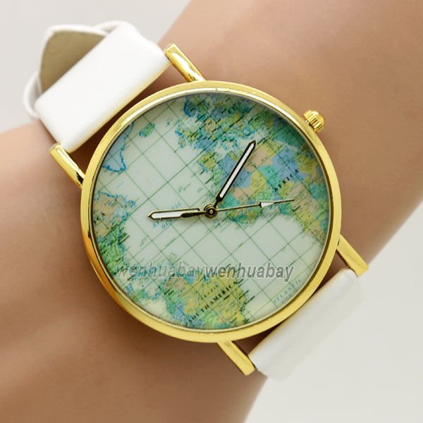 PU Leather Map Round Simple Analog Quartz Watch Gift Men Women Mothers Day Gift