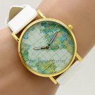PU Leather Map Round Simple Analog Quartz Watch Gift Men Women Mothers Day Gift