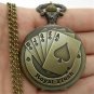 Antique Bronze Royal Flush Poker Pocket Watch Necklace Pendant Chain 8C P80