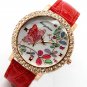 Butterfly Leaf Red Band Crystal Dial Leather Quartz Wrist Watch Women Q3994