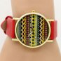 Fashion Simple Wave Round Red Faux Leather Quartz WristWatch Women Gift Q3664