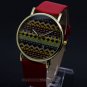 Fashion Simple Wave Round Red Faux Leather Quartz WristWatch Women Gift Q3664