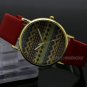 Fashion Simple Wave Round Red Faux Leather Quartz WristWatch Women Gift Q3664