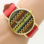 Fashion Simple Wave Round Red Faux Leather Quartz WristWatch Women Gift Q3664