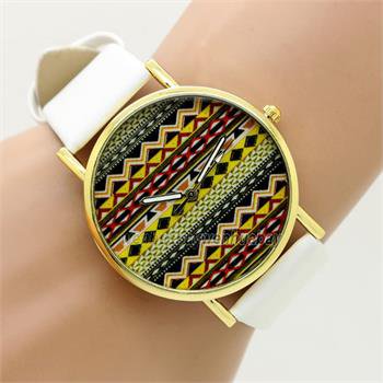 Moire Wavy Round Dial White Band Women's Faux Leather Wrist Watch Gift Q3662