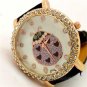 Cute Round Crystal Leather Ladybug Analog Quartz Wrist Watch Women OL 86 Girl