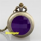 Vintage Bronze Necklace Pendant Chain Quartz Pocket Watch Women Lady Gift Purple