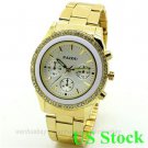 Golden Round Crystal Steel Band Woman Men Luxury Quartz Wrist Watch USA Q0851