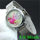 Fashion Heart Silver Stainless Steel Mesh Quartz Wrist Watch Women USA Q1317