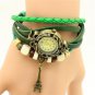 Eiffel Tower Pendant Bracelet Weave Wrap Leather Women Quartz Wrist Watch A B