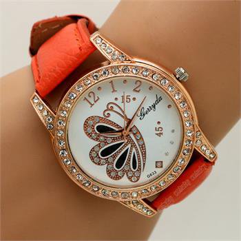 Cute Butterfly Round Dial Crystal Orange Band Quartz WristWatch Lady Q1175