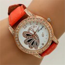 Cute Butterfly Round Dial Crystal Orange Band Quartz WristWatch Lady Q1175