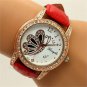 Butterfly Round Dial Crystal Red Band Quartz WristWatch Lady Women Gifts Q1174