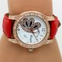 Butterfly Round Dial Crystal Red Band Quartz WristWatch Lady Women Gifts Q1174