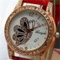 Butterfly Round Dial Crystal Red Band Quartz WristWatch Lady Women Gifts Q1174