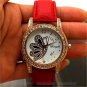 Butterfly Round Dial Crystal Red Band Quartz WristWatch Lady Women Gifts Q1174