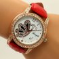 Butterfly Round Dial Crystal Red Band Quartz WristWatch Lady Women Gifts Q1174