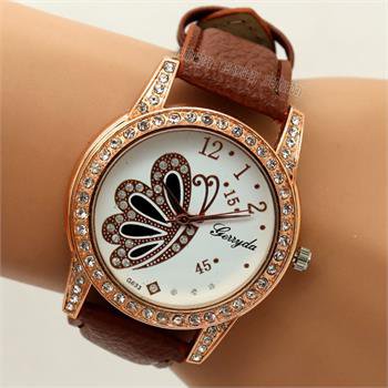 Charm Butterfly Round Dial Crystal Brown Band Quartz WristWatch Lady Women Q1173