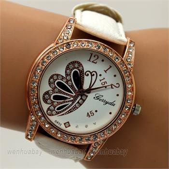 Charm Butterfly Round Dial Crystal White Band Quartz WristWatch Lady Women Q1172