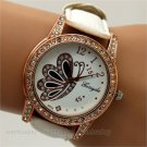Charm Butterfly Round Dial Crystal White Band Quartz WristWatch Lady Women Q1172