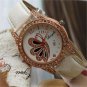 Charm Butterfly Round Dial Crystal White Band Quartz WristWatch Lady Women Q1172