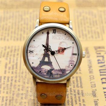 Retro Effiel Tower Round Faux Leather Wrist Watch Women Men Quartz USA Q3431