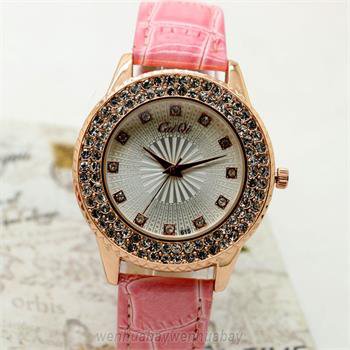 Pink Charm Round Crystal Lady Leather Band Quartz WristWatch Women USA Q3575