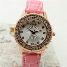 Pink Charm Round Crystal Lady Leather Band Quartz WristWatch Women USA Q3575