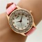 Pink Charm Round Crystal Lady Leather Band Quartz WristWatch Women USA Q3575