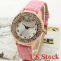 Pink Charm Round Crystal Lady Leather Band Quartz WristWatch Women USA Q3575