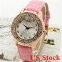 Pink Charm Round Crystal Lady Leather Band Quartz WristWatch Women USA Q3575