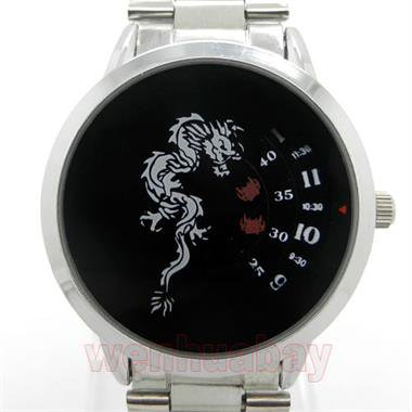 New Silver Quartz Wrist Watch Dragon Turntable Dial Mens Boys Hours Gift Q0843