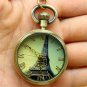 Antique Bronze Eiffel Necklace Pendant Chain Quartz Pocket Watch Lady Gifts P124