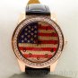 New USA Flag Round Dial Crystal Girl Leather Quartz Wrist Watch Women Gift