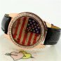 New USA Flag Round Dial Crystal Girl Leather Quartz Wrist Watch Women Gift