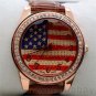 New USA Flag Round Dial Crystal Girl Leather Quartz Wrist Watch Women Gift