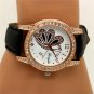 Charm Butterfly Round Dial Crystal Quartz Wrist Watch Black Band Lady Girl Q1171