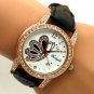 Charm Butterfly Round Dial Crystal Quartz Wrist Watch Black Band Lady Girl Q1171